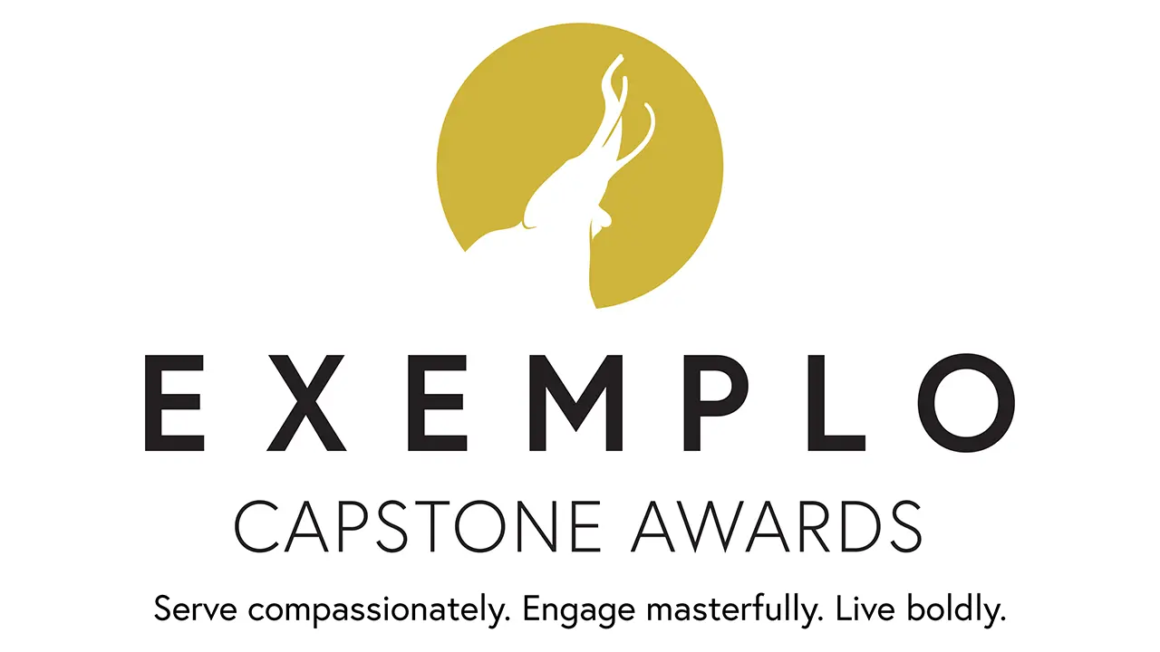 logo for the exemplo capstone awards ceremony depicting an elephant with its trunk reaching upwards and beneath the words serve compassionately engage masterfully and live boldly