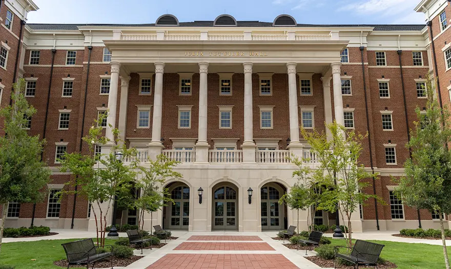 front view of tutwiler hall and its brick promenade